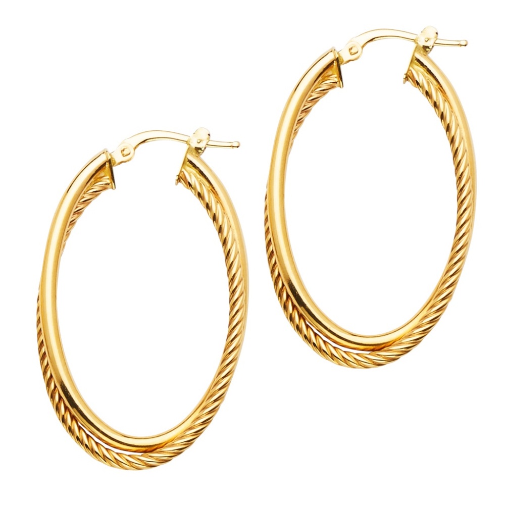 14k Yellow Gold Glitter Oval Round Hoop Earrings